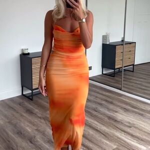Zara Orange Ombré Gradiant Tulle Midi Dress